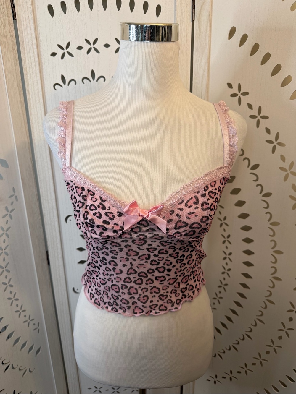 Pink Leopard Lace Trim Ruffle Cami Top